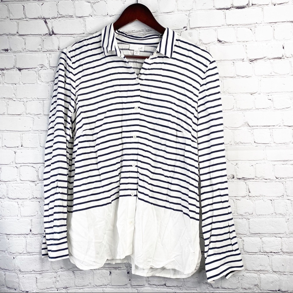 J JILL Black and White Stripe Button Up Shirt MP